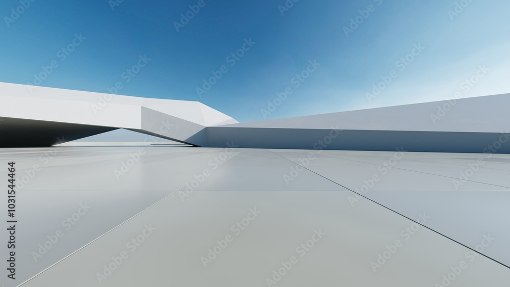 Poster 3d render of abstract modern concrete white architecture with empty cement floor, minimal exterior, 