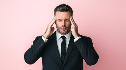 American Man in Business Suit, Rubbing His Temples in a Moment of Stress.