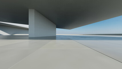 3d render of abstract modern concrete white architecture with empty cement floor, minimal exterior, car presentation background