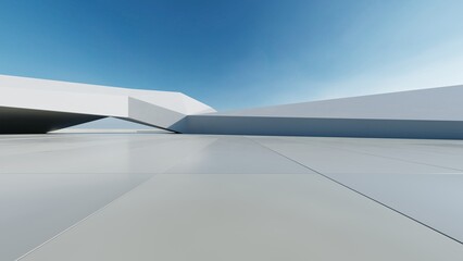 3d render of abstract modern concrete white architecture with empty cement floor, minimal exterior, car presentation background