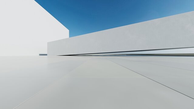 3d render of abstract modern concrete white architecture with empty cement floor, minimal exterior, car presentation background