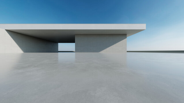 3d render of abstract modern concrete white architecture with empty cement floor, minimal exterior, car presentation background