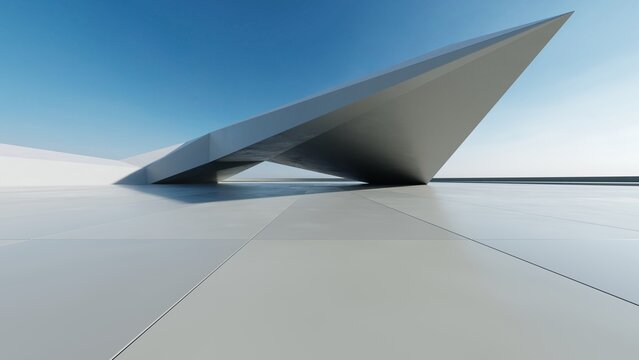 3d render of abstract modern concrete white architecture with empty cement floor, minimal exterior, car presentation background