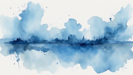 Watercolor skyline in blue tones with abstract clouds