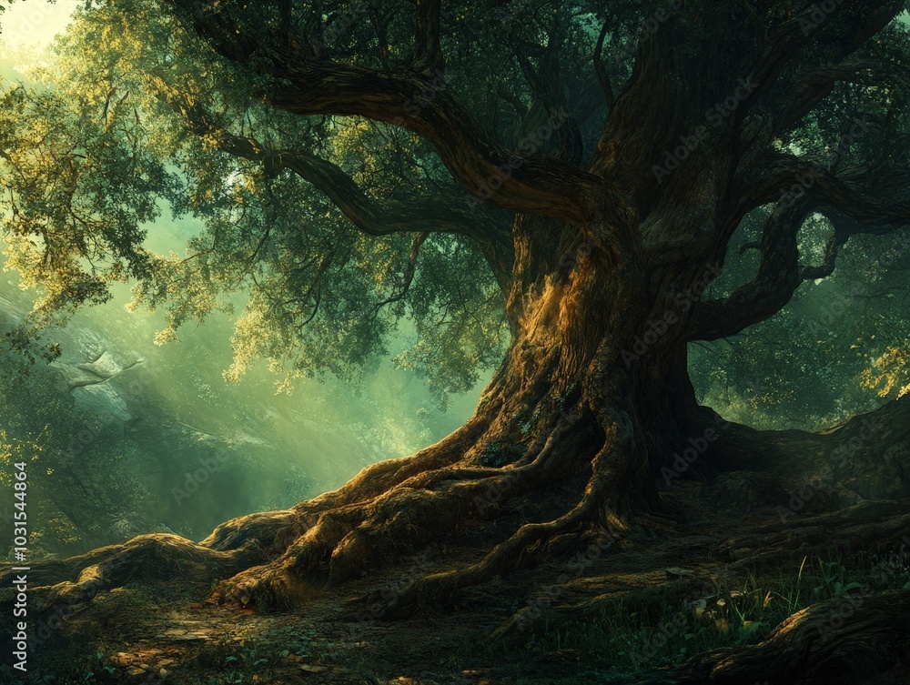 Poster an ancient tree with sprawling roots, its age showing through its vast canopy and twisted branches