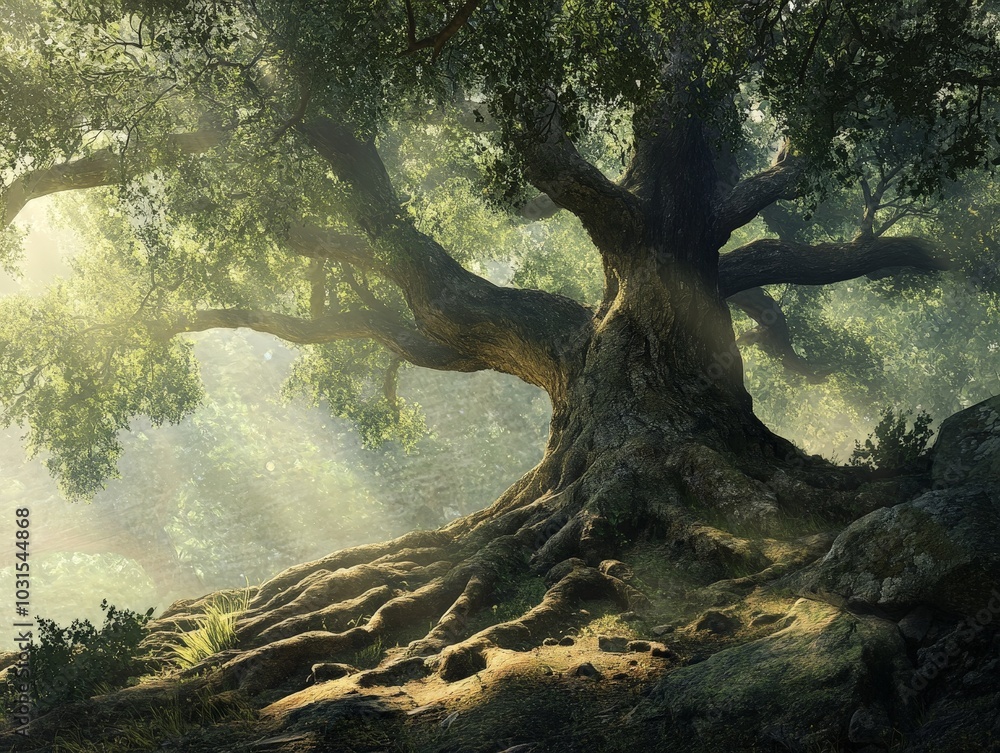 Poster an ancient tree with sprawling roots, its age showing through its vast canopy and twisted branches