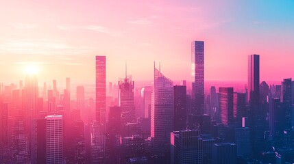 2408 17.A vibrant city silhouette with towering skyscrapers and sleek buildings, set against a stunning pink and blue gradient sunset. The sky glows with warm colors, casting long shadows and soft