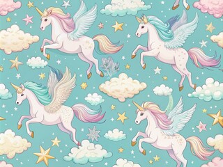 Pastel Winged Unicorns in the Sky - Seamless Pattern for Kids' Projects