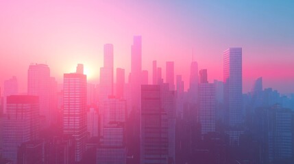 2408 18.A silhouette of a modern cityscape, featuring tall skyscrapers and sleek buildings in pink and blue tones. The glowing sunset in the background transitions from pink to deep blue, casting a