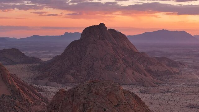 Aerial view of the Spitzkoppe rock formations in a beautiful sunrise, Namibia, Africa
