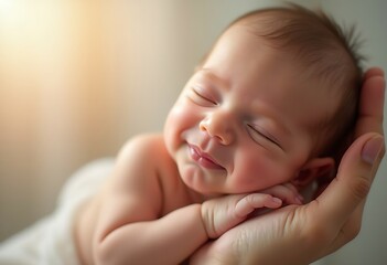Portrait of a sleepy newborn baby with smile in her mother hand