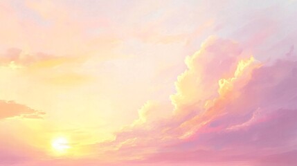2408 27.A tranquil morning sky painted in soft pastels, with pink clouds gently lit by the rising sun. The warm yellow tones of the sunlight blend seamlessly with the pink hues, creating a peaceful