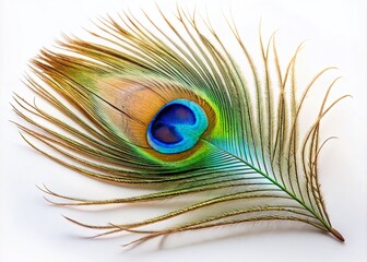 Obraz premium Peacock Feather Isolated on White Background in Low Light Photography for Artistic Effect