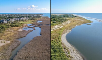 Coastal waterway, houses, and grassy dunes.