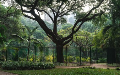 Fototapeta premium An endangered tree species surrounded by a fence in a botanical garden, protected from human harm