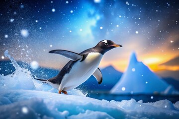 Obraz premium Penguin Sliding Down Snow Hill in a Winter Wonderland - High Depth of Field Photography