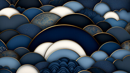 Fototapeta premium A blue and white abstract painting with gold accents. The painting is of a sky with clouds and the clouds are made of paper