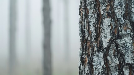 Fototapeta premium Misty Forest Scene with Textured Tree Bark
