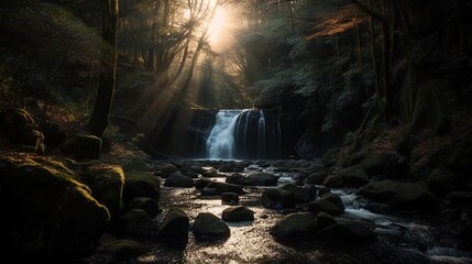 Sunbeams Through Forest Waterfall