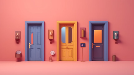 A blue door with a white trim sits in front of a wall  A Series of White Doors on a Colored Wall with a Reflective Floor in the Foreground Representing Choice and Future Opportunity

