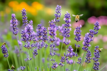 Fototapeta premium Lavender plants growing in a garden, with bees buzzing around the fragrant blooms