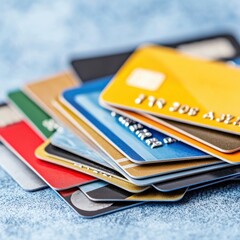 A collection of colorful credit cards stacked on a blue surface, showcasing different designs and payment options.