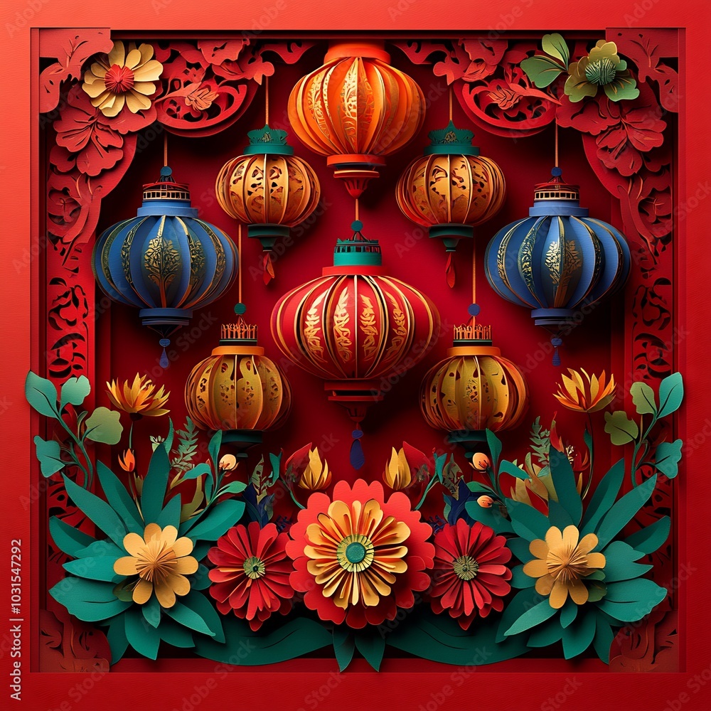 Poster vibrant paper cut design featuring multiple colorful lanterns hanging at different heights surrounde