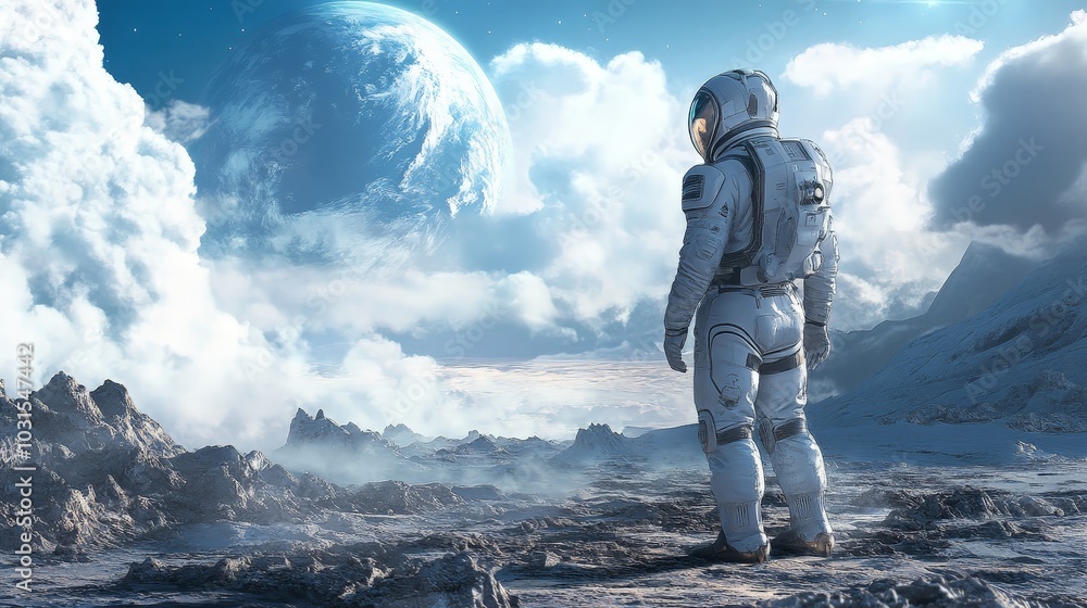 Poster ai-created portrait of a futuristic astronaut, standing on an alien surface with the earth visible i
