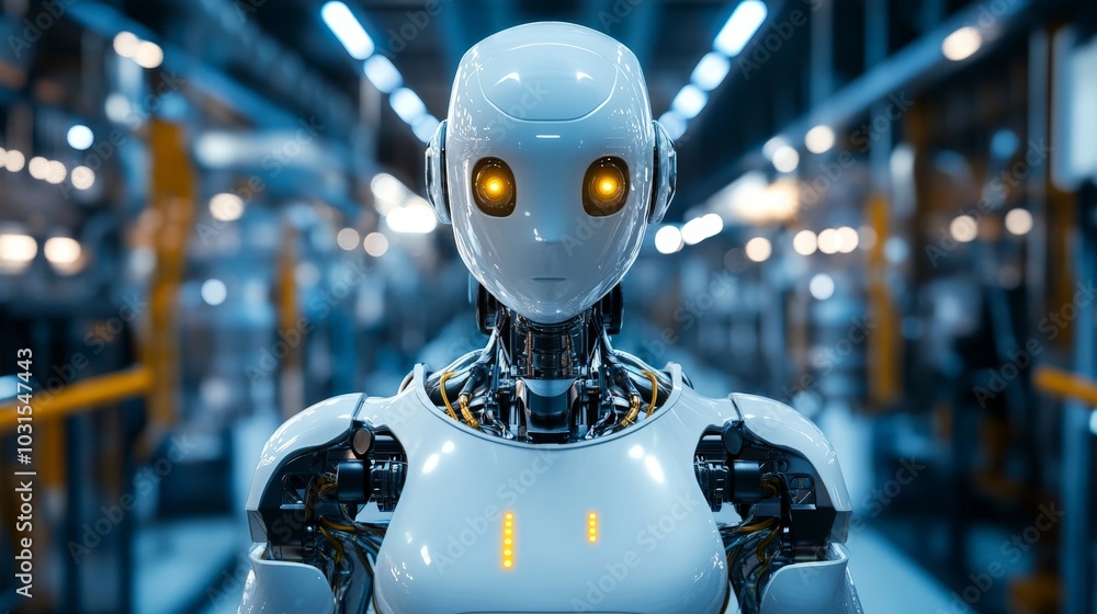 Poster ai-created sci-fi robot standing in a factory, its metallic body glinting under the cold artificial 