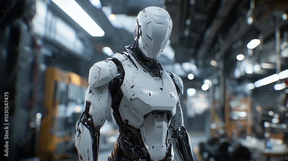 Poster ai-created sci-fi robot standing in a factory, its metallic body glinting under the cold artificial 