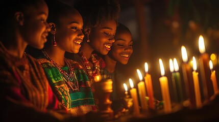 A group of friends celebrating Kwanzaa, lighting the candles and sharing stories about their heritage