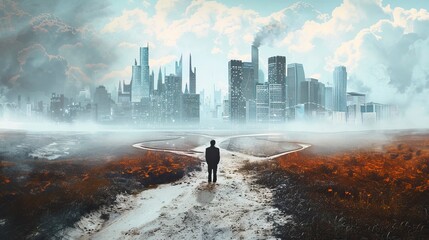 A businessperson standing at a crossroads, with one path leading to a modern cityscape and the other to a quiet countryside, symbolizing choices and change, Change