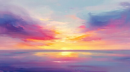 Fototapeta premium 2408 62.A vibrant sunset twilight scene with an abstract nature background. The sky is painted in soft pastel tones of pink, purple, and yellow, with the clouds glowing in the fading sunlight. The