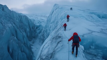 Glacier hikers trekking across massive ice formations, using ropes and crampons to explore the frozen wilderness