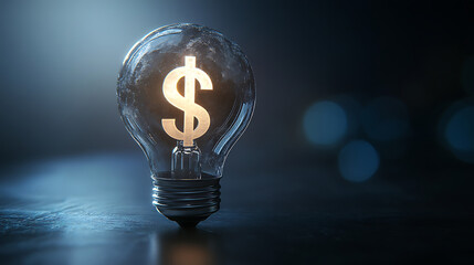 A lightbulb with a glowing dollar symbol inside, symbolizing financial innovation and creative solutions, highlighting the link between money, innovation, and ideas in a business or finance context