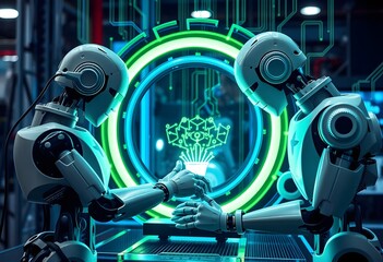 Fototapeta premium Two Robots technology cybernetic machine automation science fiction innovation