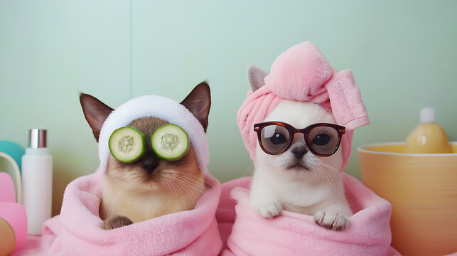 Two cats in a grooming salon, wrapped in pink towels for a spa day&mdash;one with cucumber slices on its eyes, the other in sunglasses and a pink head wrap, surrounded by spa essentials against