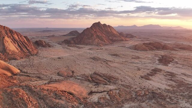 Aerial view of the Spitzkoppe rock formations in a beautiful sunrise, Namibia, Africa