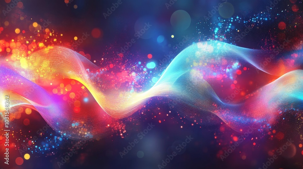 Poster ai-generated abstract interpretation of music, with swirling colorful sound waves and glowing patter