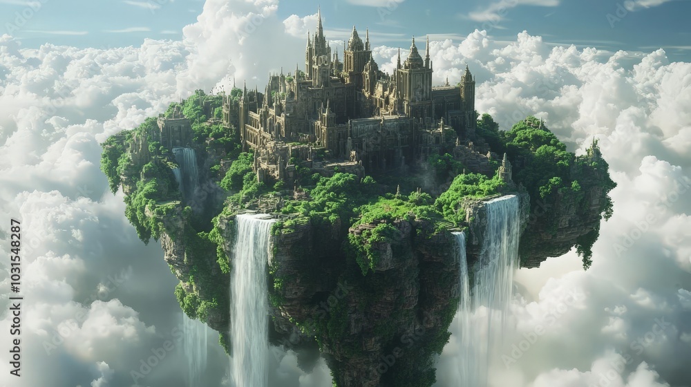 Poster ai-generated ancient castle floating in the sky, with waterfalls cascading off the edges and clouds 
