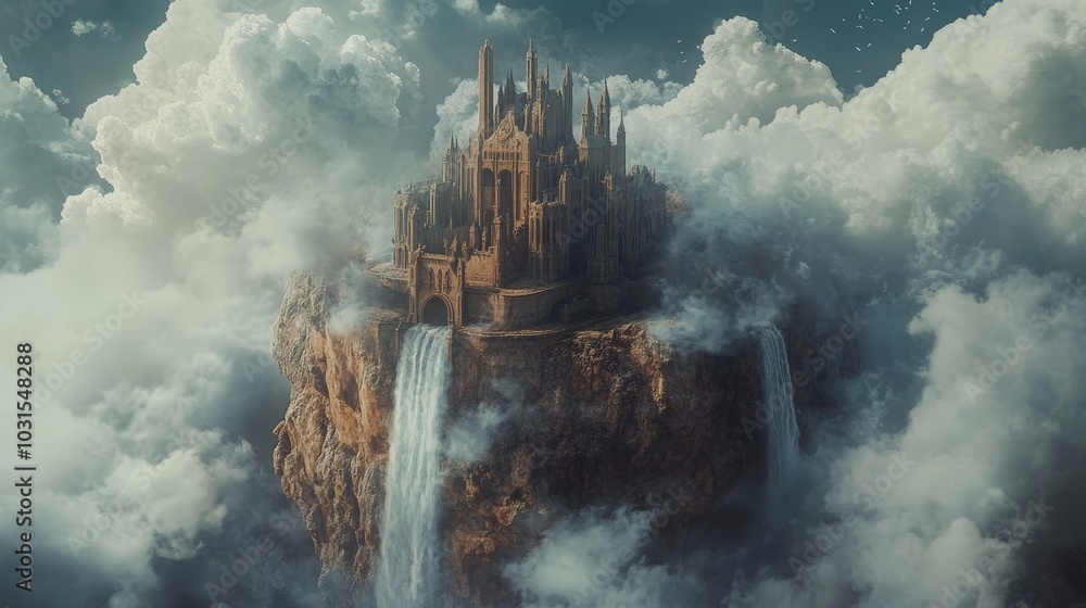 Poster ai-generated ancient castle floating in the sky, with waterfalls cascading off the edges and clouds 
