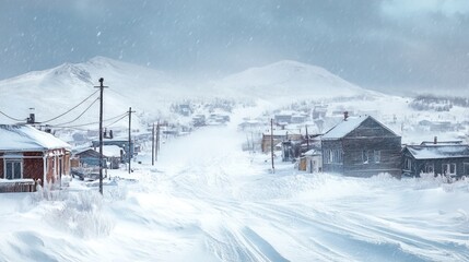 Harsh winter weather gripping a mountain town, with strong winds, snowdrifts, and sub-zero temperatures making life difficult