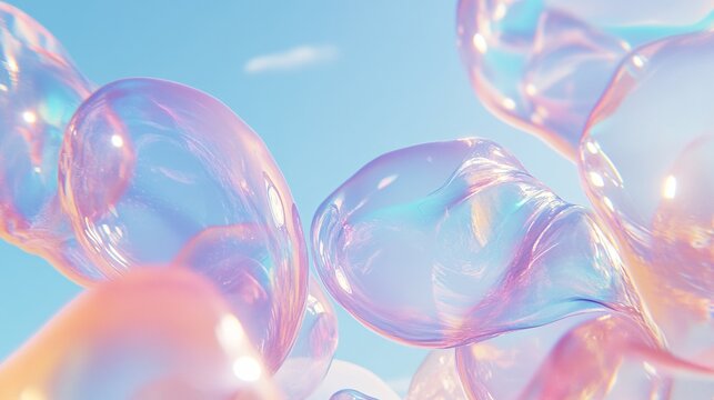2408 72.An abstract 3D art composition with iridescent soap bubbles floating in a clear blue sky. The bubbles are fluid, forming liquid blobs that shimmer in holographic hues. Their delicate shapes