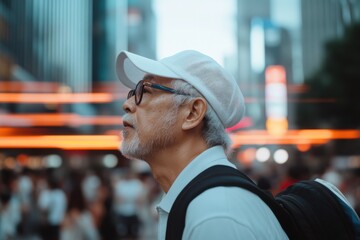 Senior asian man exploring a bustling city at night