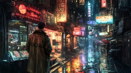 Obraz premium AI-generated cyberpunk alleyway, with neon signs in foreign scripts, reflective puddles, and a mysterious figure in a trench coat.