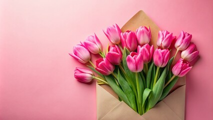 Obraz premium Pink Tulip Bouquet with Craft Envelope and Greeting Card for Holiday Celebrations