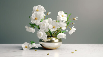 Elegant combination of blooming flowers and gold vase Digital illustration of mixed floral arrangement in ceramic vase, minimalist style, serene backdrop