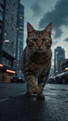薄暗い都会の街を歩く猫