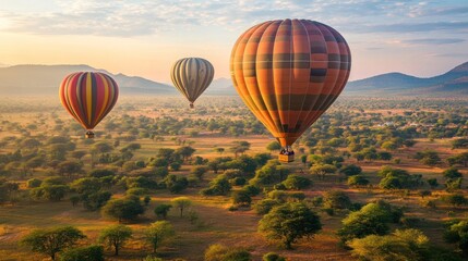 Naklejka premium Hot air ballooners drifting high above scenic landscapes, enjoying panoramic views during a peaceful yet exhilarating ballooning adventure
