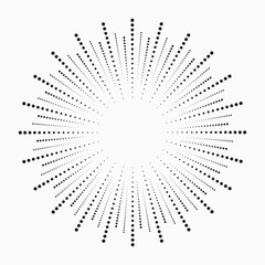 Radial halftone dots in Circle Form. Dotted fireworks explosion background. Starburst round Logo. Circular Design element. Abstract Geometric star rays.	